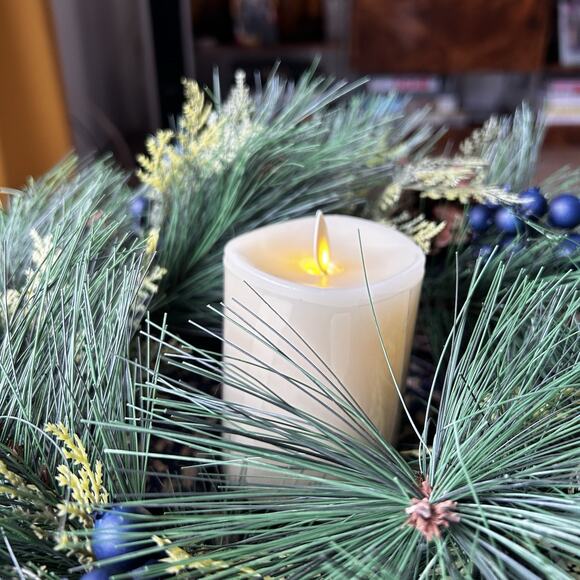 Luminara 4.5" Pillar Flameless Candle + Christmas 18" Wreath Blue Berries Pines - Picture 2 of 10